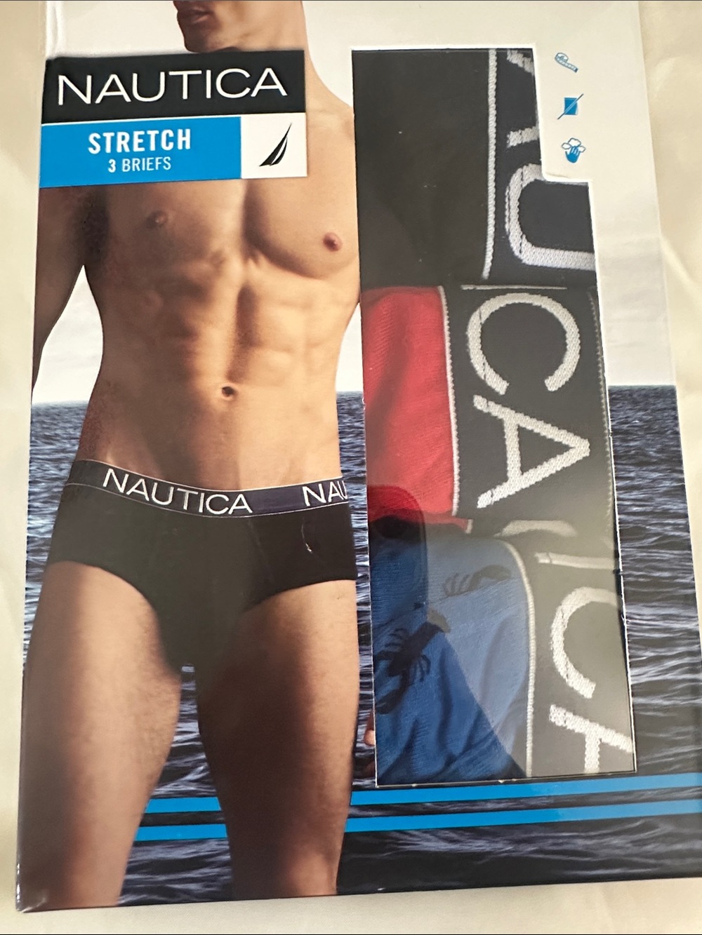 Nautica Men’s Stretch Briefs Pack Med Black, Red Blue w/ Crab Prints New in Box!